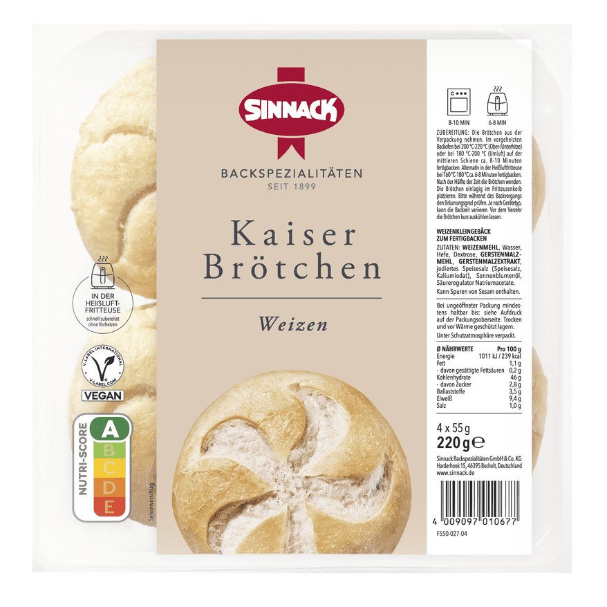 Kaiserbrötchen aus Weizen, goldbraun gebacken und außen knusprig, innen luftig und weich