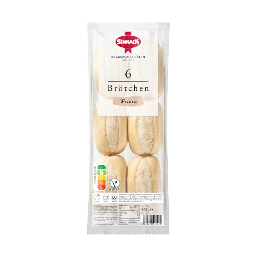 Sechs leckere Weizenbrötchen, frisch gebacken und ideal für jedes Frühstück